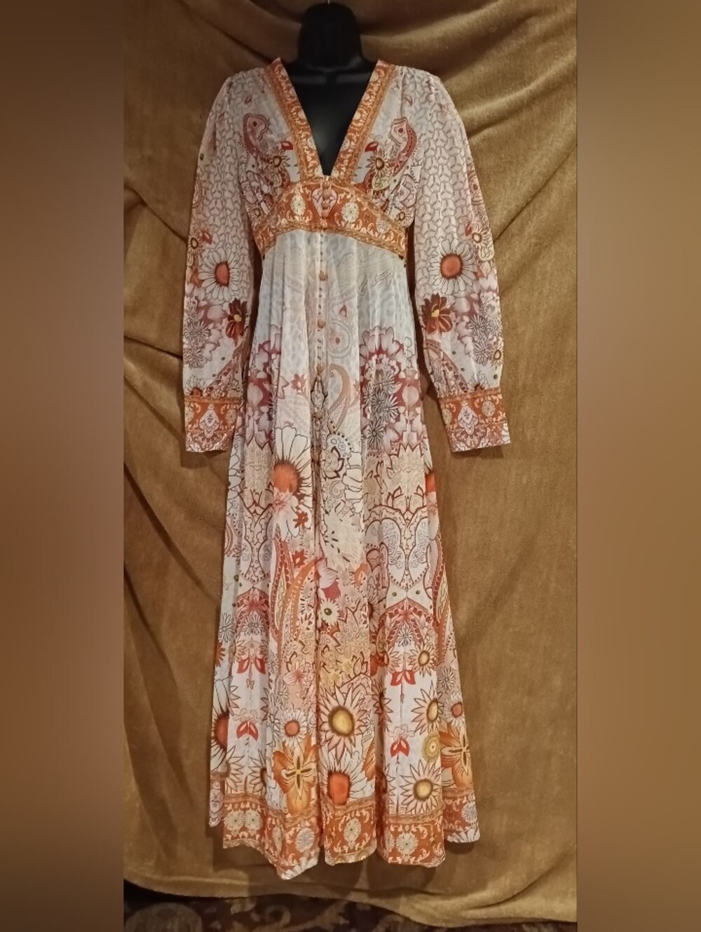 Beautiful Sheer NWOT KarominaBoho Floral Maxi Dress in White & Orange Flowing - Picture 2 of 4